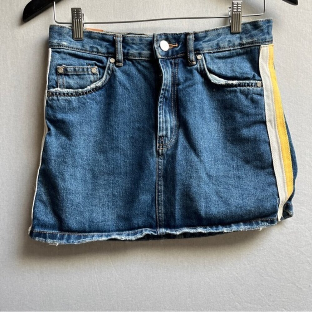 Zara Striped Denim Distressed Raw Hem Mini Skirt S